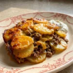 CrockPot Beefy Potato Taco Casserole with tender potato layers and melted cheese Recipe focus: ground beef taco casserole crockpot.