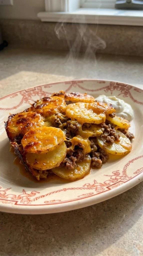 CrockPot Beefy Potato Taco Casserole with tender potato layers and melted cheese Recipe focus: ground beef taco casserole crockpot.