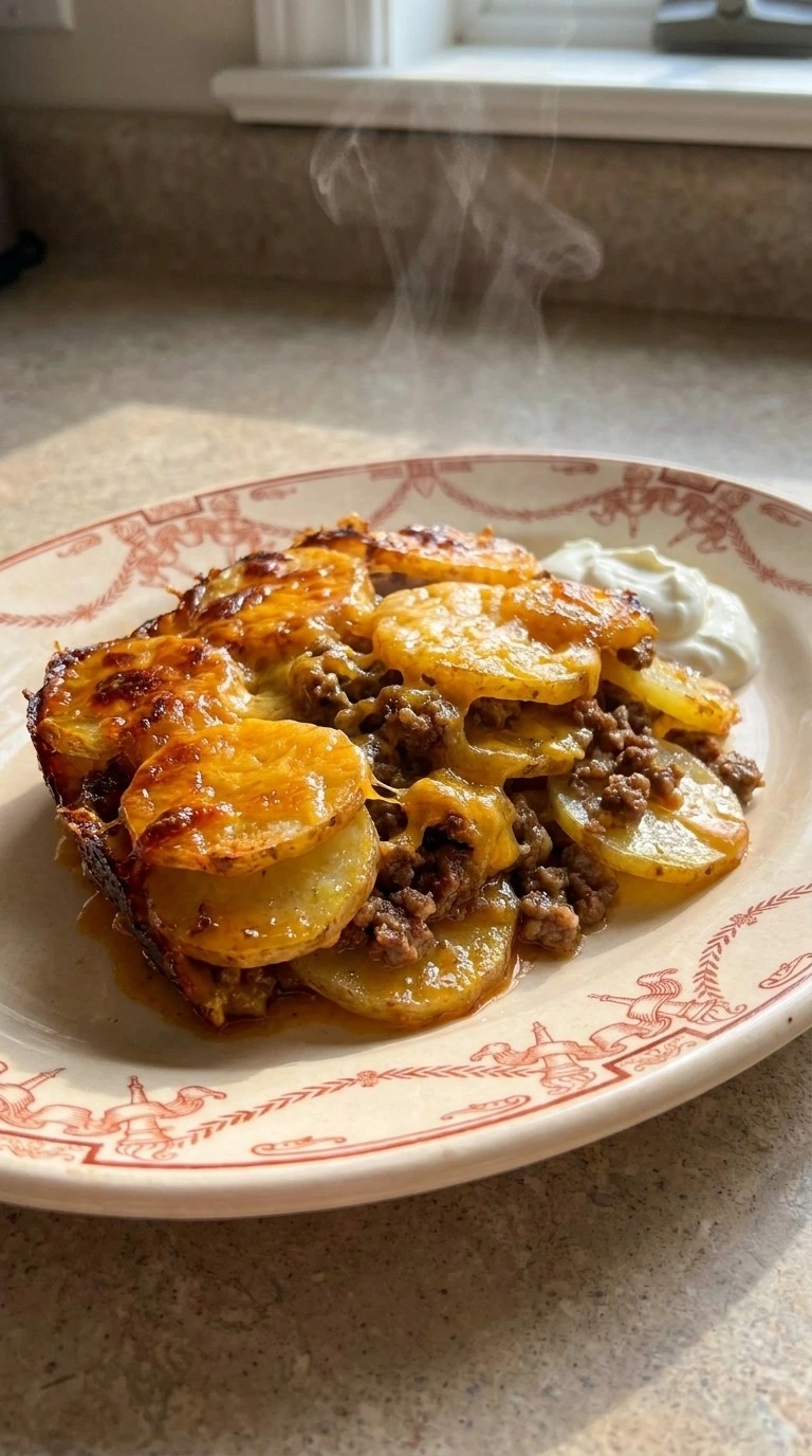 CrockPot Beefy Potato Taco Casserole with tender potato layers and melted cheese Recipe focus: ground beef taco casserole crockpot.