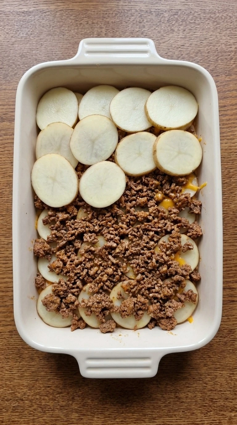CrockPot Beefy Potato Taco Casserole step 1 with sliced potatoes and taco beef layers Recipe focus: ground beef crockpot recipes.