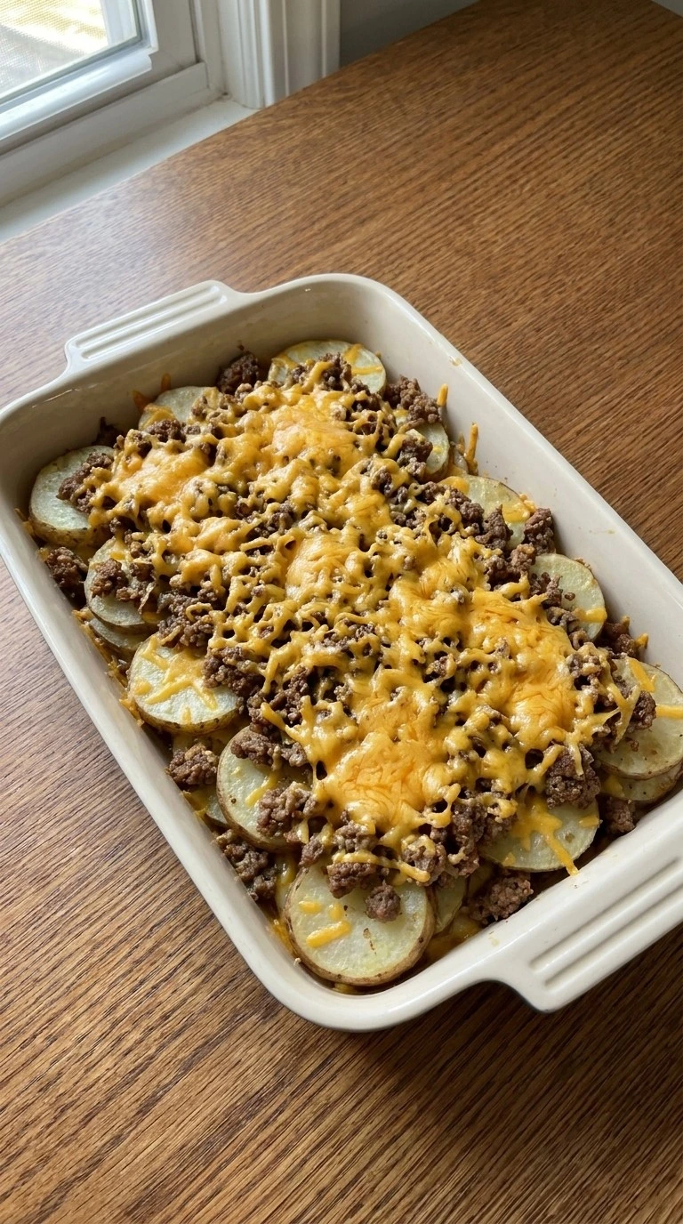 CrockPot Beefy Potato Taco Casserole layered with potatoes beef tomatoes and cheese Recipe focus: dump and go crockpot dinners easy.