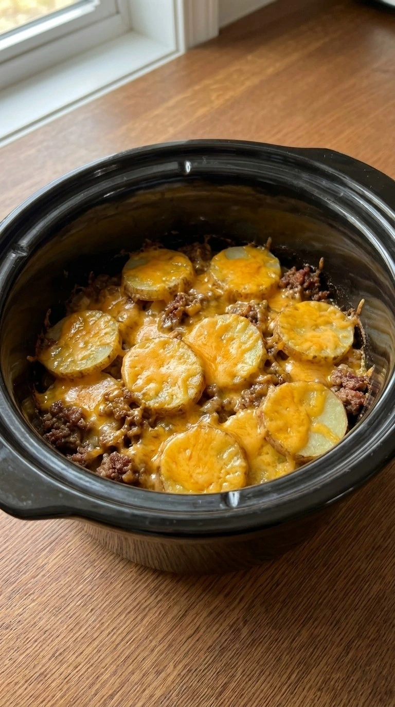 CrockPot Beefy Potato Taco Casserole slow cooking with melted cheese and soft potatoes Recipe focus: easy crockpot meals.