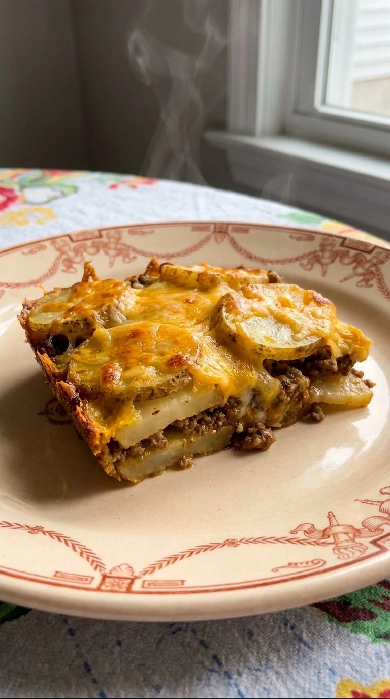 CrockPot Beefy Potato Taco Casserole plated portion with melted cheese and potato layers Recipe focus: ground beef taco casserole crockpot.