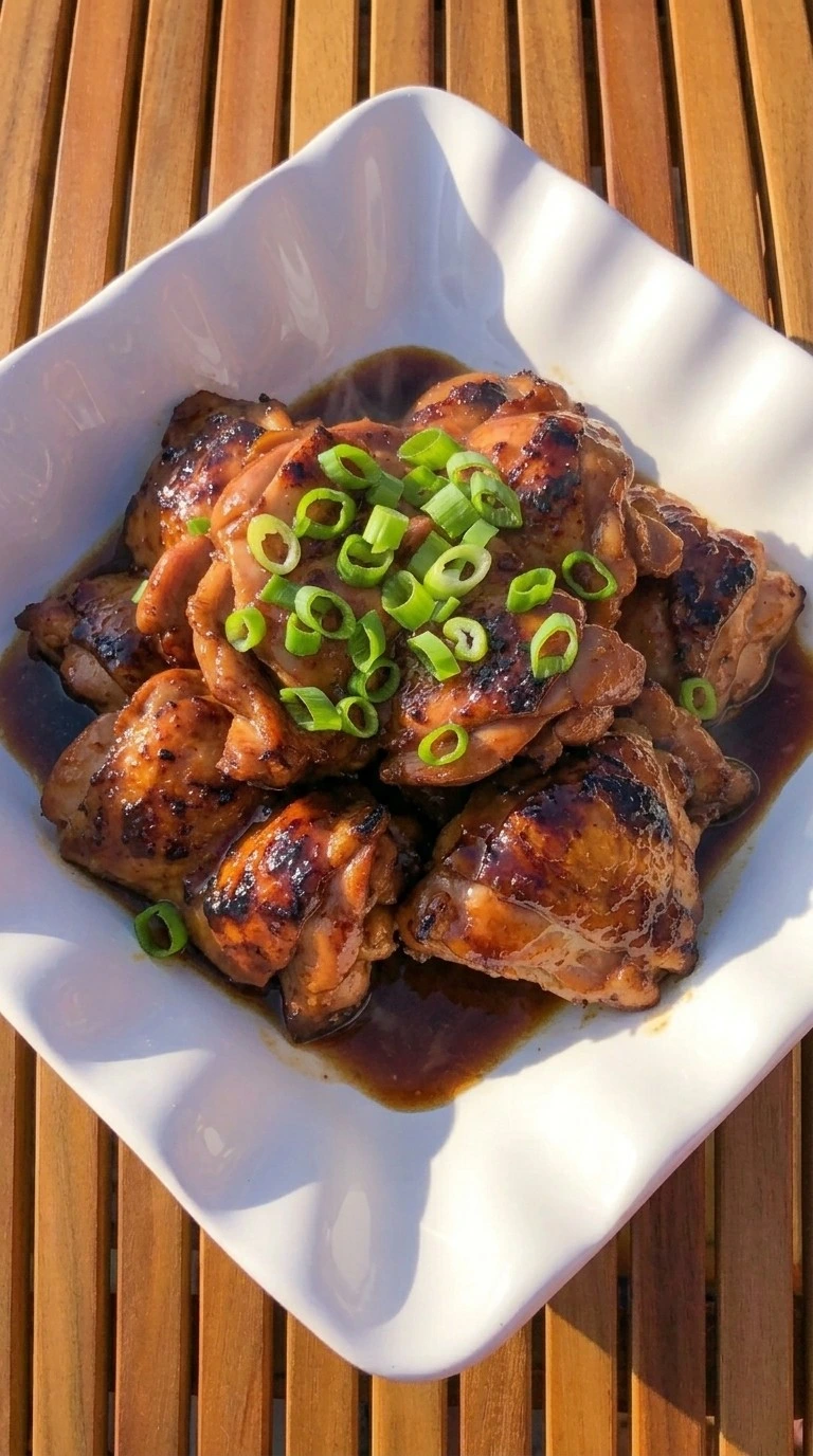 Crockpot Bourbon Chicken with glossy sauced chicken thighs in a serving bowl Recipe focus: bourbon chicken thighs.