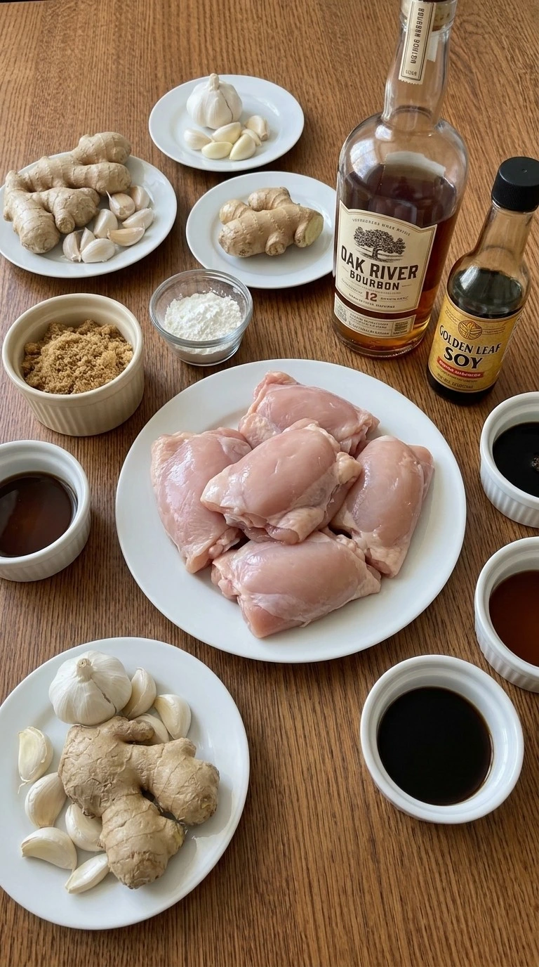 Crockpot Bourbon Chicken ingredients with chicken thighs and sauce components Recipe focus: honey bourbon chicken.
