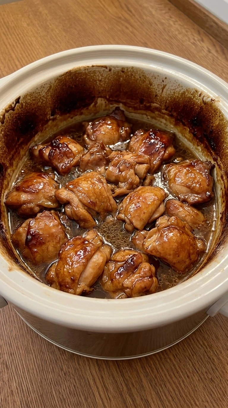 Crockpot Bourbon Chicken slow cooking with thick glossy sauce Recipe focus: easy crockpot meals.