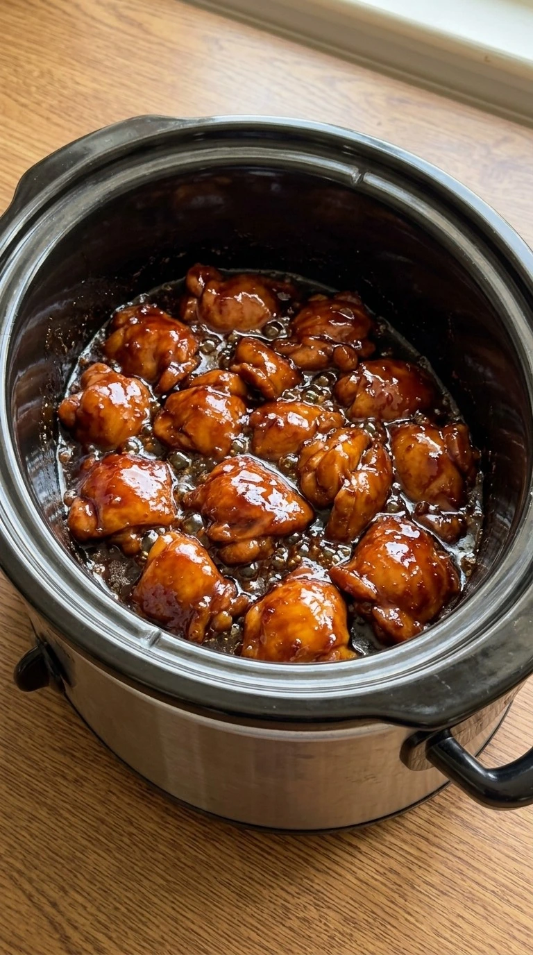 Crockpot Bourbon Chicken sauce thickening around chicken thighs Recipe focus: bourbon chicken thighs.