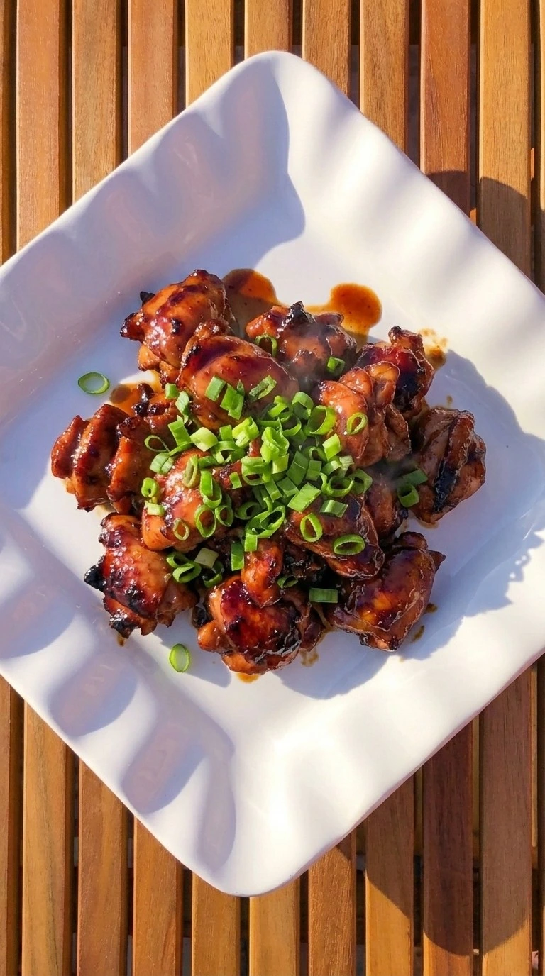 Crockpot Bourbon Chicken plated serving with glossy chicken thighs Recipe focus: bourbon chicken thighs.
