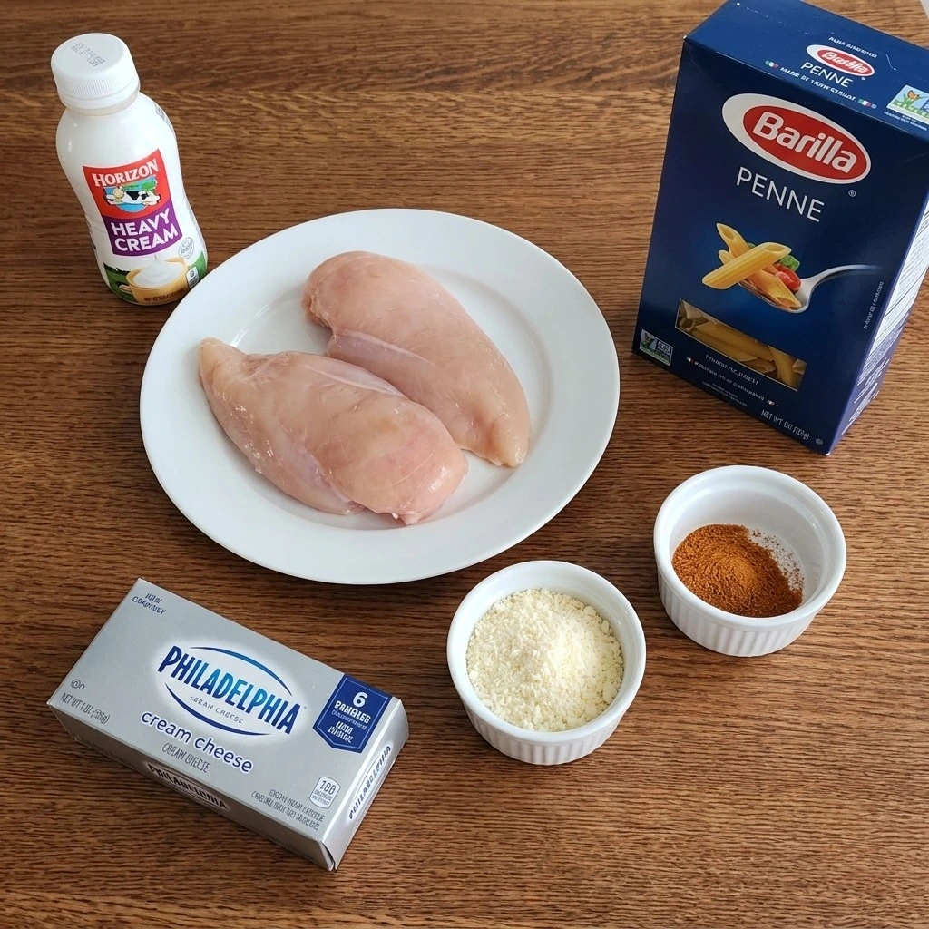 CrockPot Cajun Chicken Pasta ingredients including chicken breast penne and cajun spices Recipe focus: creamy cajun chicken and rice.