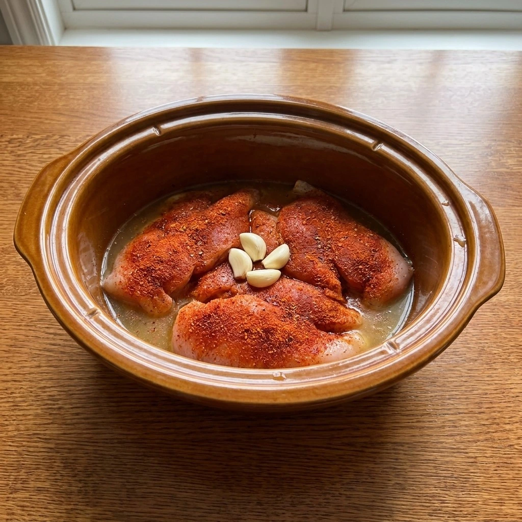 CrockPot Cajun Chicken Pasta seasoning chicken breast before slow cooking Recipe focus: chicken thighs and pasta.