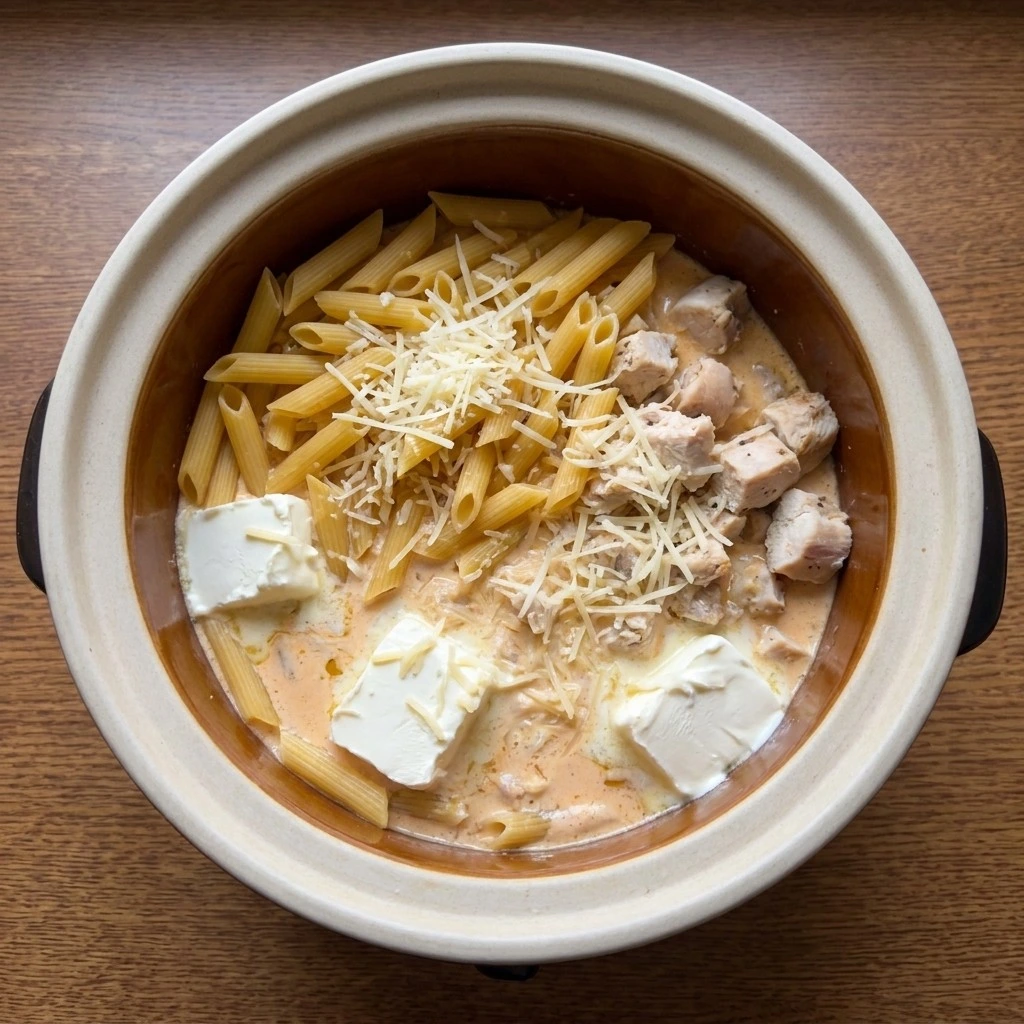 CrockPot Cajun Chicken Pasta creamy sauce mixing with penne and chicken Recipe focus: cajun dinner recipes.