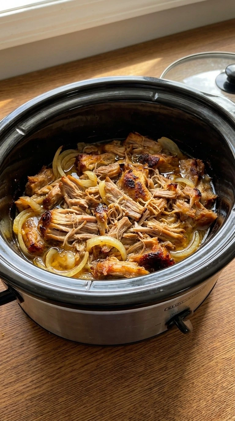 Crockpot Carnitas slow cooked pork becoming tender and juicy Recipe focus: dump and go crockpot dinners.