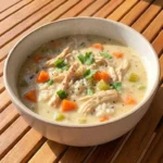 Crockpot Chicken and Rice Soup with shredded chicken, white rice, carrots and celery in a creamy broth Recipe focus: chicken and rice soup crockpot.