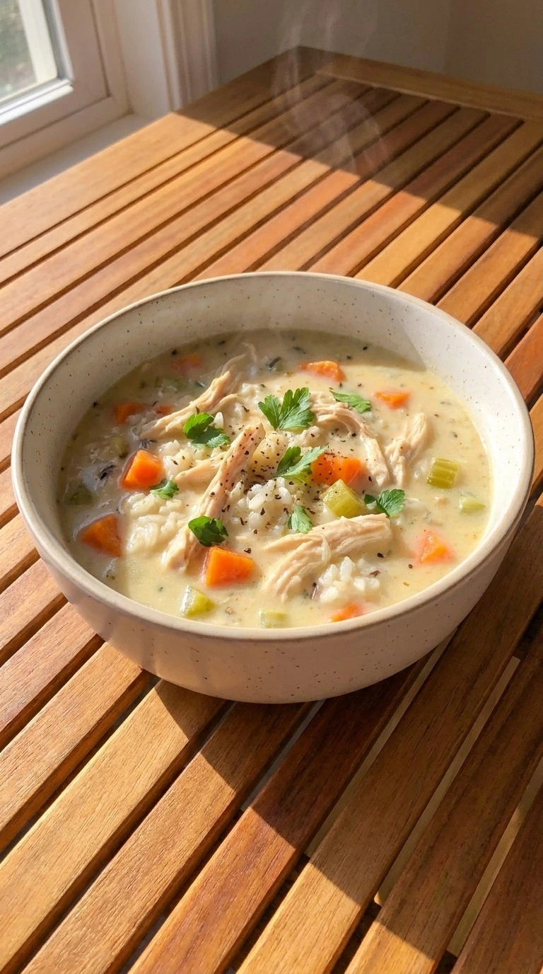 Crockpot Chicken and Rice Soup with shredded chicken, white rice, carrots and celery in a creamy broth Recipe focus: chicken and rice soup crockpot.