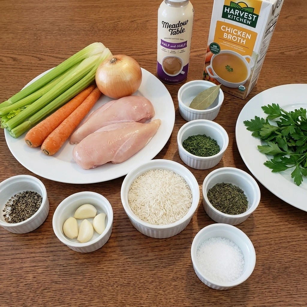 Crockpot Chicken and Rice Soup ingredients including chicken breast, white rice, carrots, celery and broth Recipe focus: chicken and rice soup crockpot.