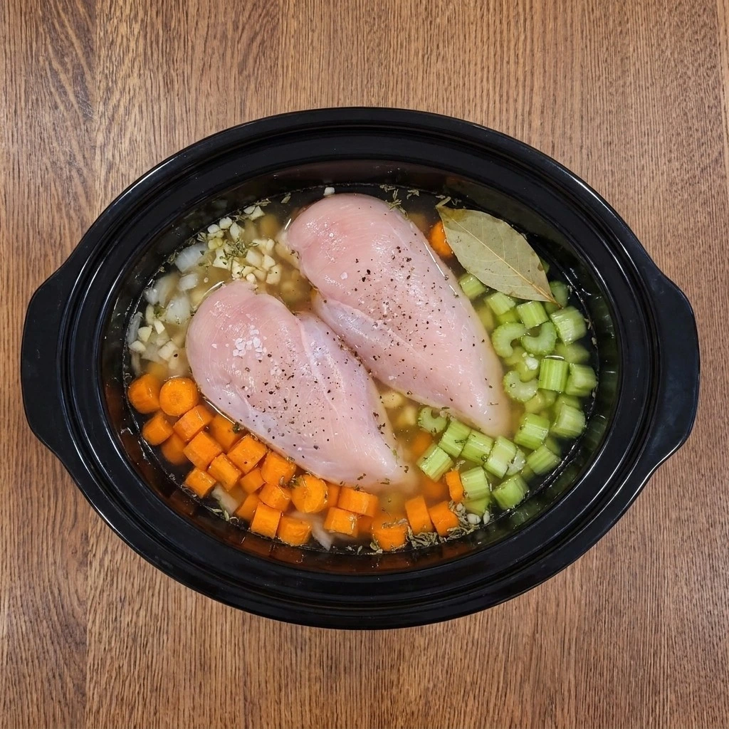 Layering vegetables and raw chicken for Crockpot Chicken and Rice Soup in the slow cooker Recipe focus: chicken and rice soup crockpot.