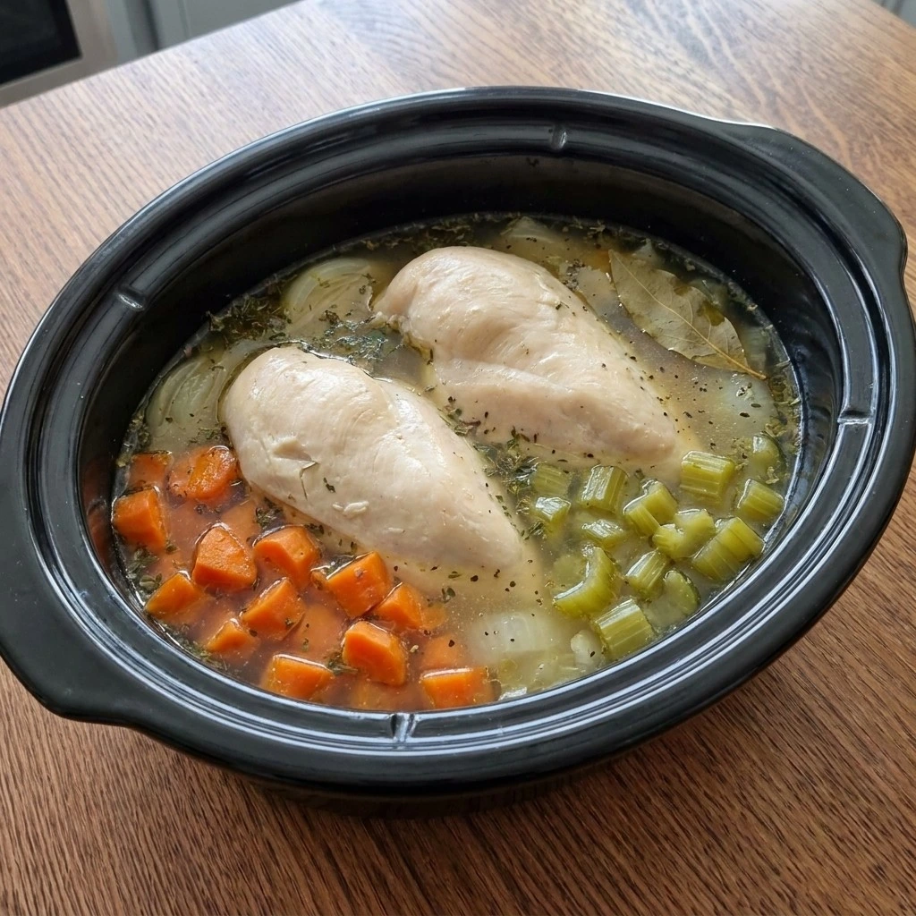 Tender chicken and softened vegetables cooking for Crockpot Chicken and Rice Soup Recipe focus: chicken and rice soup crockpot.