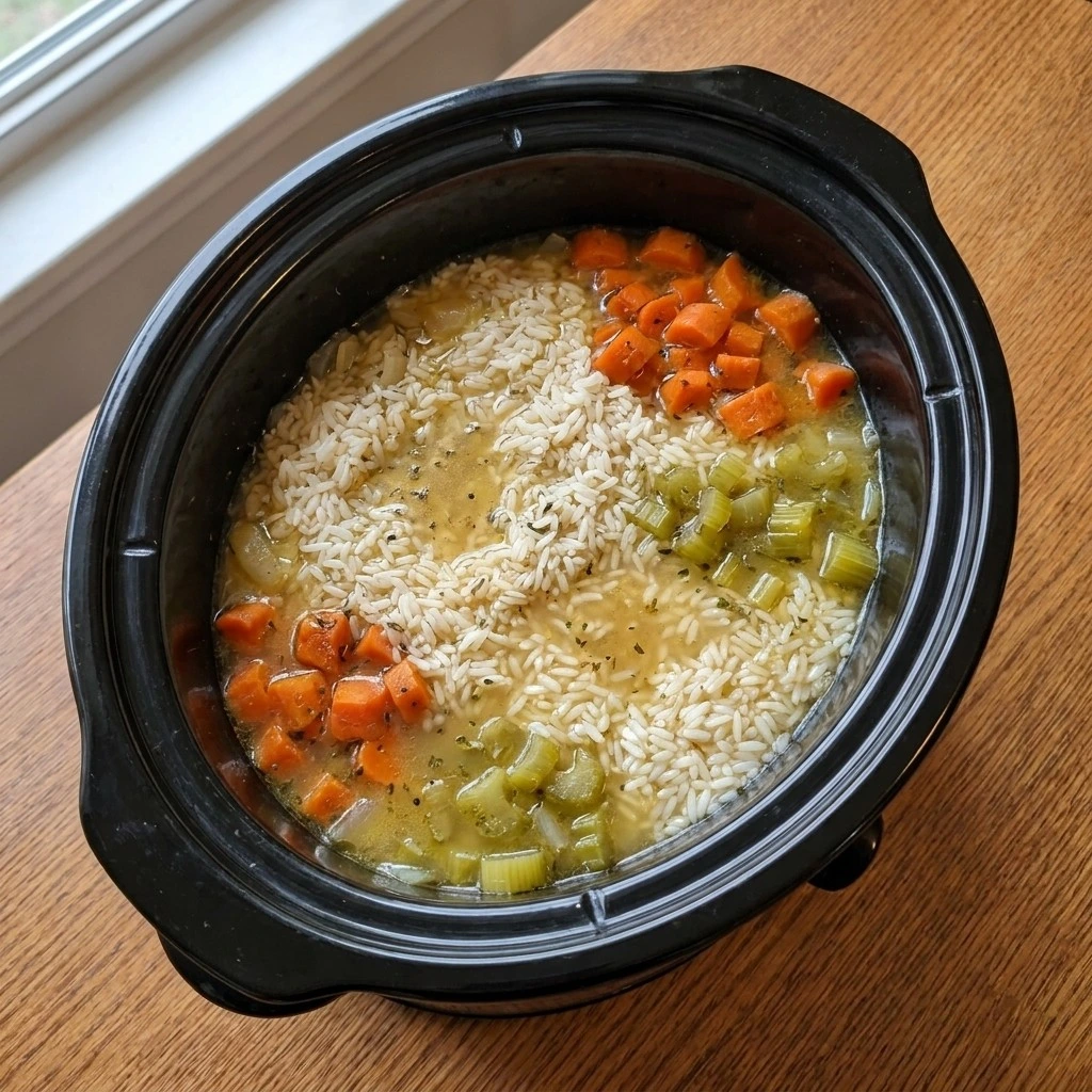 Long-grain white rice cooking in the broth for Crockpot Chicken and Rice Soup Recipe focus: chicken and rice soup crockpot.