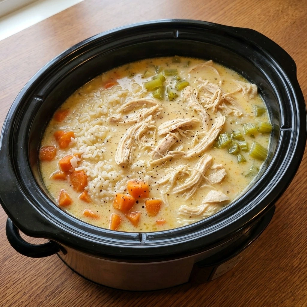 Adding shredded chicken and half-and-half to Crockpot Chicken and Rice Soup Recipe focus: chicken and rice soup crockpot.