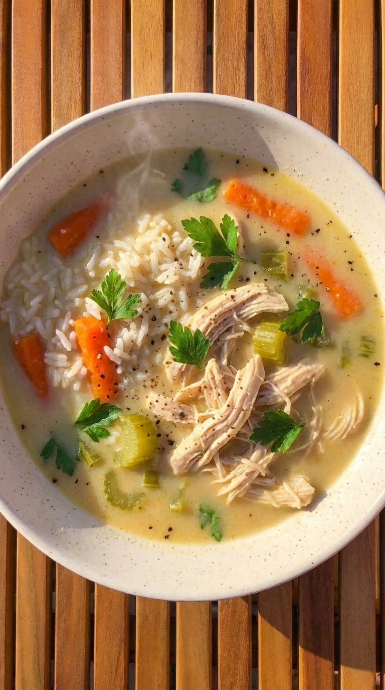 Served Crockpot Chicken and Rice Soup with parsley, shredded chicken, rice, carrots and celery Recipe focus: chicken and rice soup crockpot.