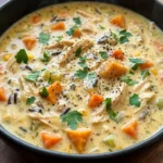 Crockpot Chicken and Wild Rice Soup with creamy broth, shredded chicken, wild rice, sweet potato and Recipe focus: chicken and wild rice soup crockpot.