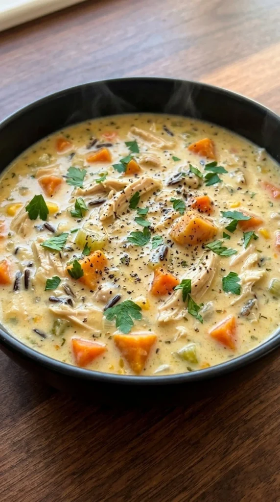 Crockpot Chicken and Wild Rice Soup with creamy broth, shredded chicken, wild rice, sweet potato and Recipe focus: chicken and wild rice soup crockpot.