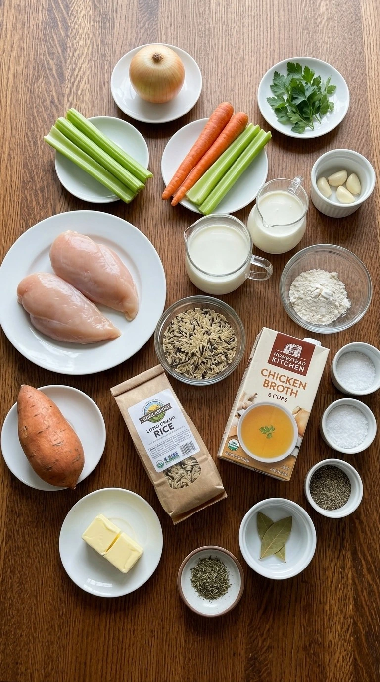 Crockpot Chicken and Wild Rice Soup ingredients including chicken breast, wild rice, sweet potato, vegetables, Recipe focus: chicken wild rice soup crockpot.