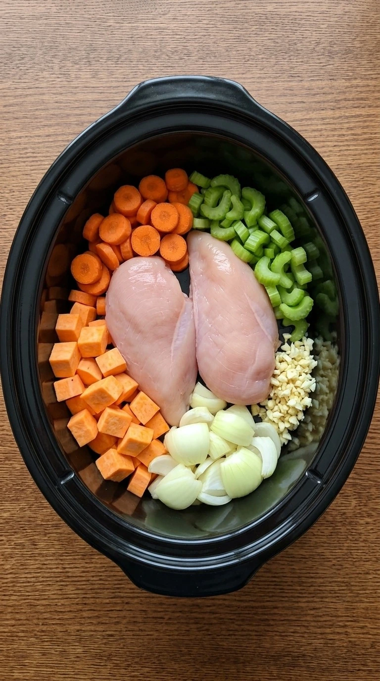 Crockpot Chicken and Wild Rice Soup step with cut sweet potato, carrots, celery, onion, garlic and two raw Recipe focus: chicken wild rice soup crockpot.