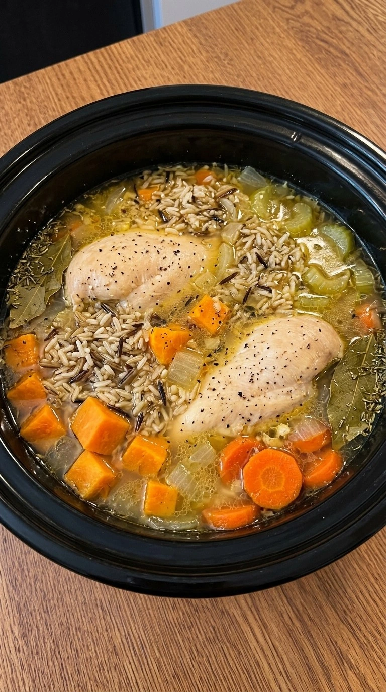 Crockpot Chicken and Wild Rice Soup simmering with two chicken breasts, wild rice, sweet potato, carrots and Recipe focus: chicken and wild rice soup crockpot.