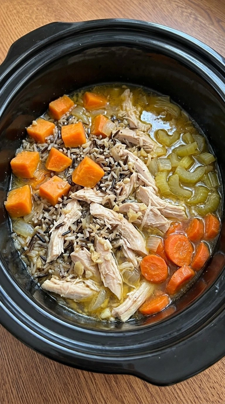 Crockpot Chicken and Wild Rice Soup with shredded chicken folded into tender wild rice and vegetables Recipe focus: chicken wild rice soup crockpot.