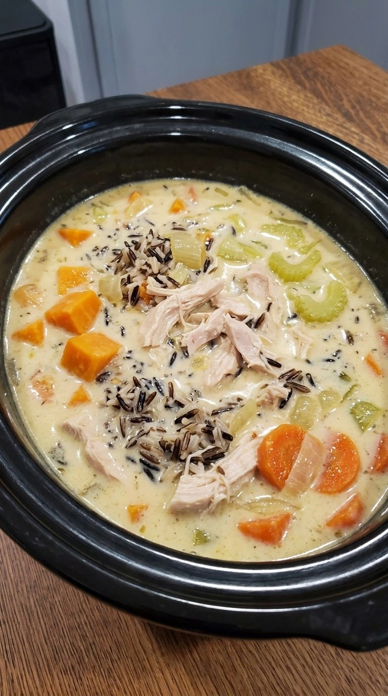 Crockpot Chicken and Wild Rice Soup after the cream base is stirred into shredded chicken, wild rice and Recipe focus: chicken wild rice soup crockpot.