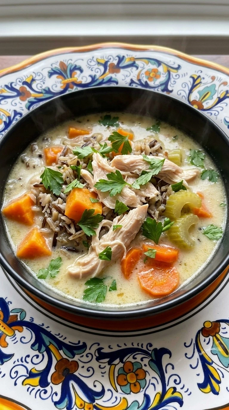Crockpot Chicken and Wild Rice Soup served in a bowl with wild rice, shredded chicken, sweet potato and Recipe focus: chicken and wild rice soup crockpot.