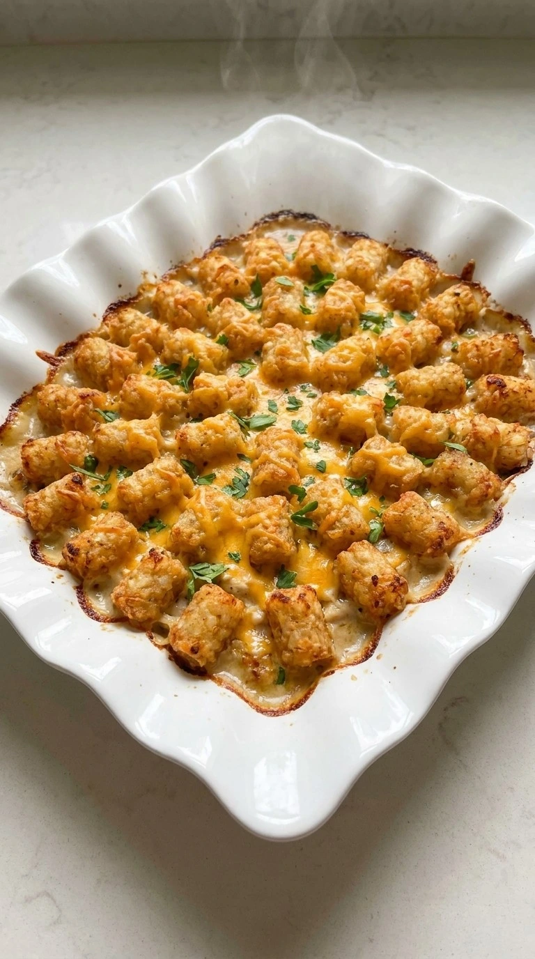 CrockPot Chicken Tater Tot Casserole with golden crispy tater tots and melted cheese Recipe focus: chicken tater tot casserole crockpot.