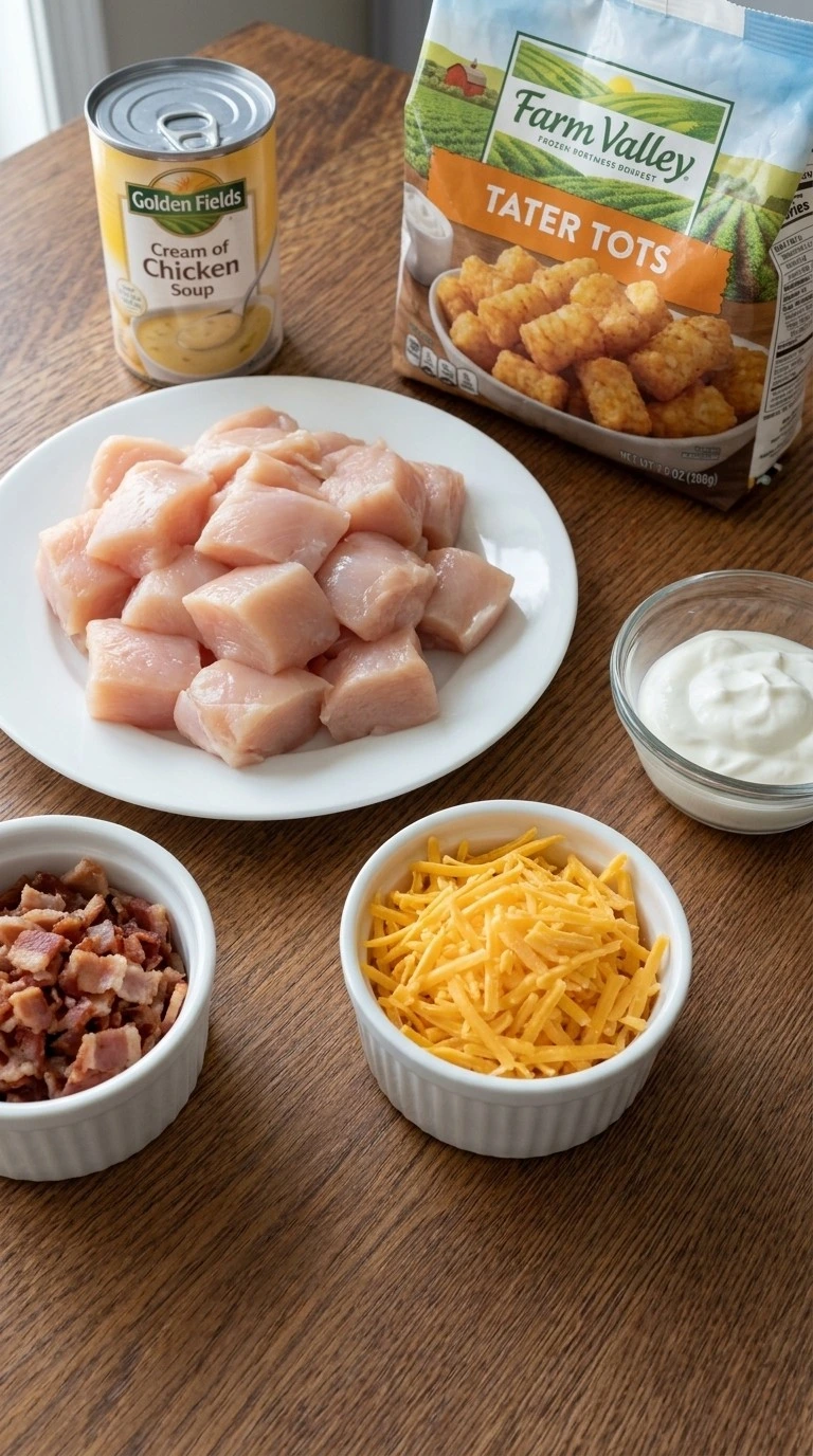 CrockPot Chicken Tater Tot Casserole ingredients including chicken breast cheese and tater tots Recipe focus: tater tot crockpot recipes.