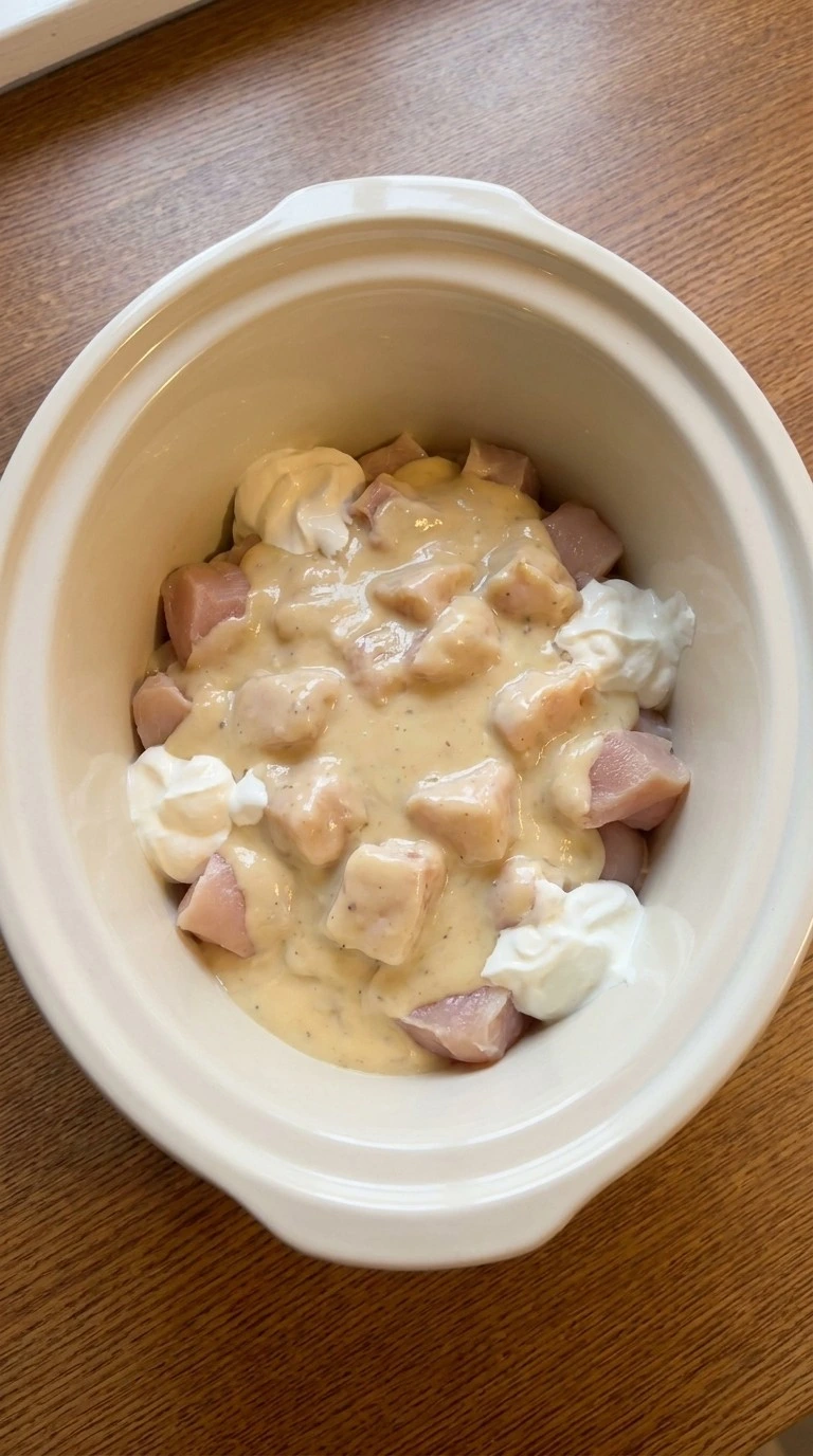 CrockPot Chicken Tater Tot Casserole step 1 with creamy chicken mixture Recipe focus: chicken freezer meals make ahead.