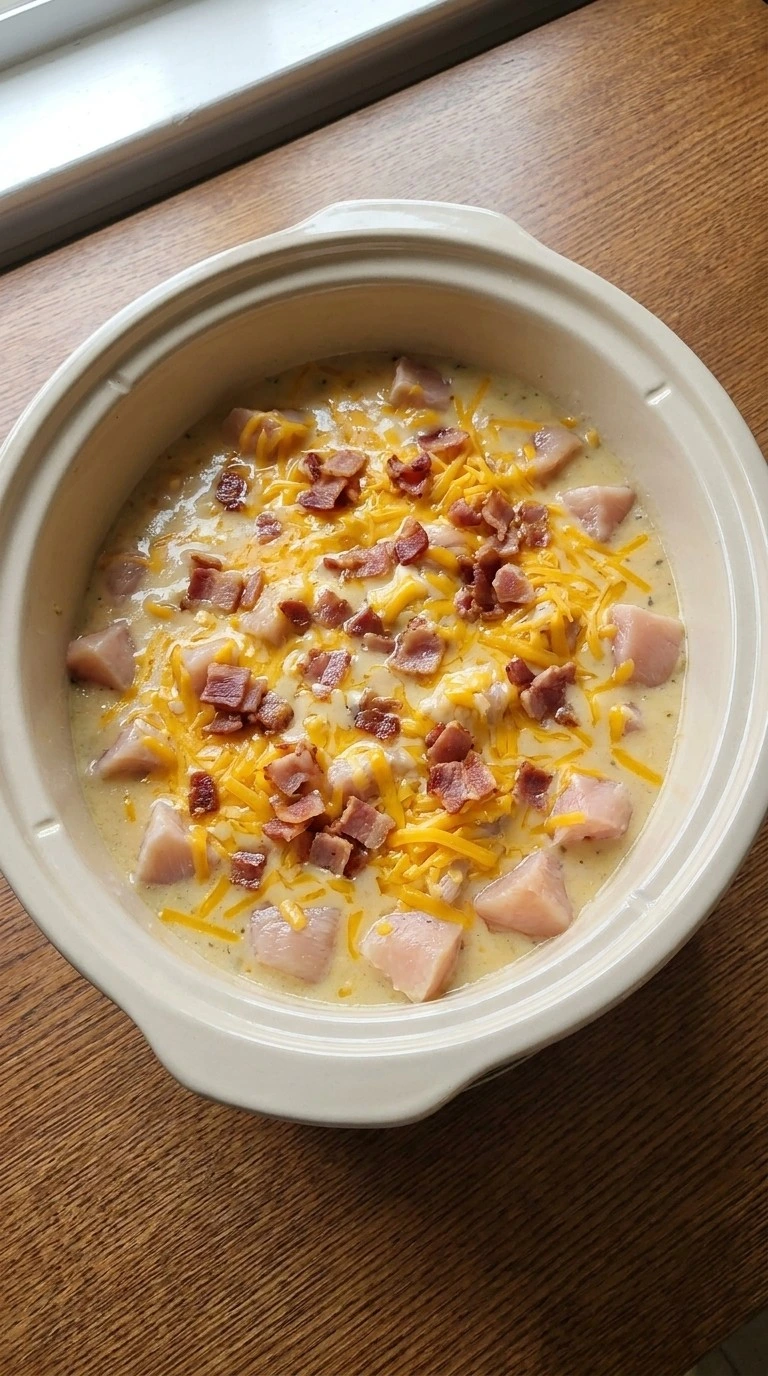 CrockPot Chicken Tater Tot Casserole step 2 with melted cheddar and bacon Recipe focus: easy crockpot meals.