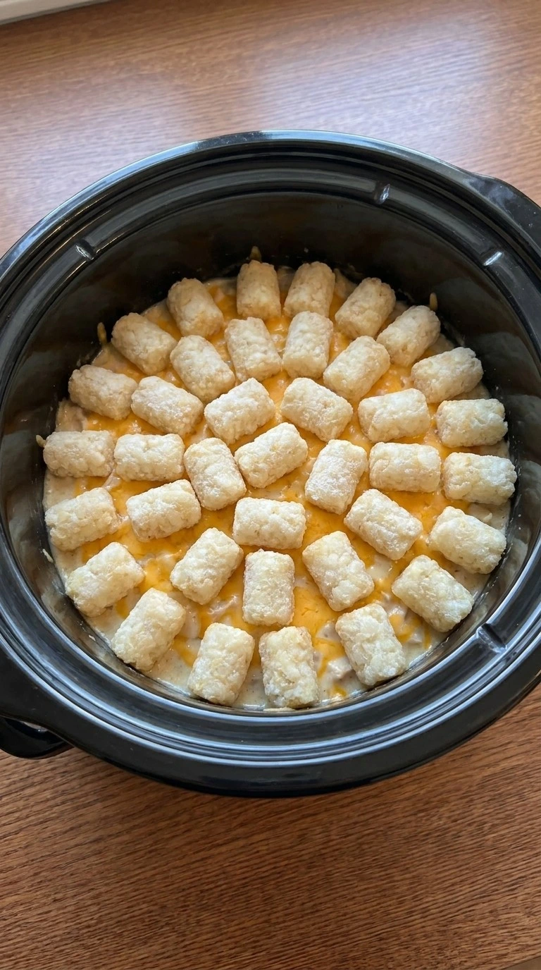 CrockPot Chicken Tater Tot Casserole step 3 with tater tots on top Recipe focus: slow cooker casserole recipes.