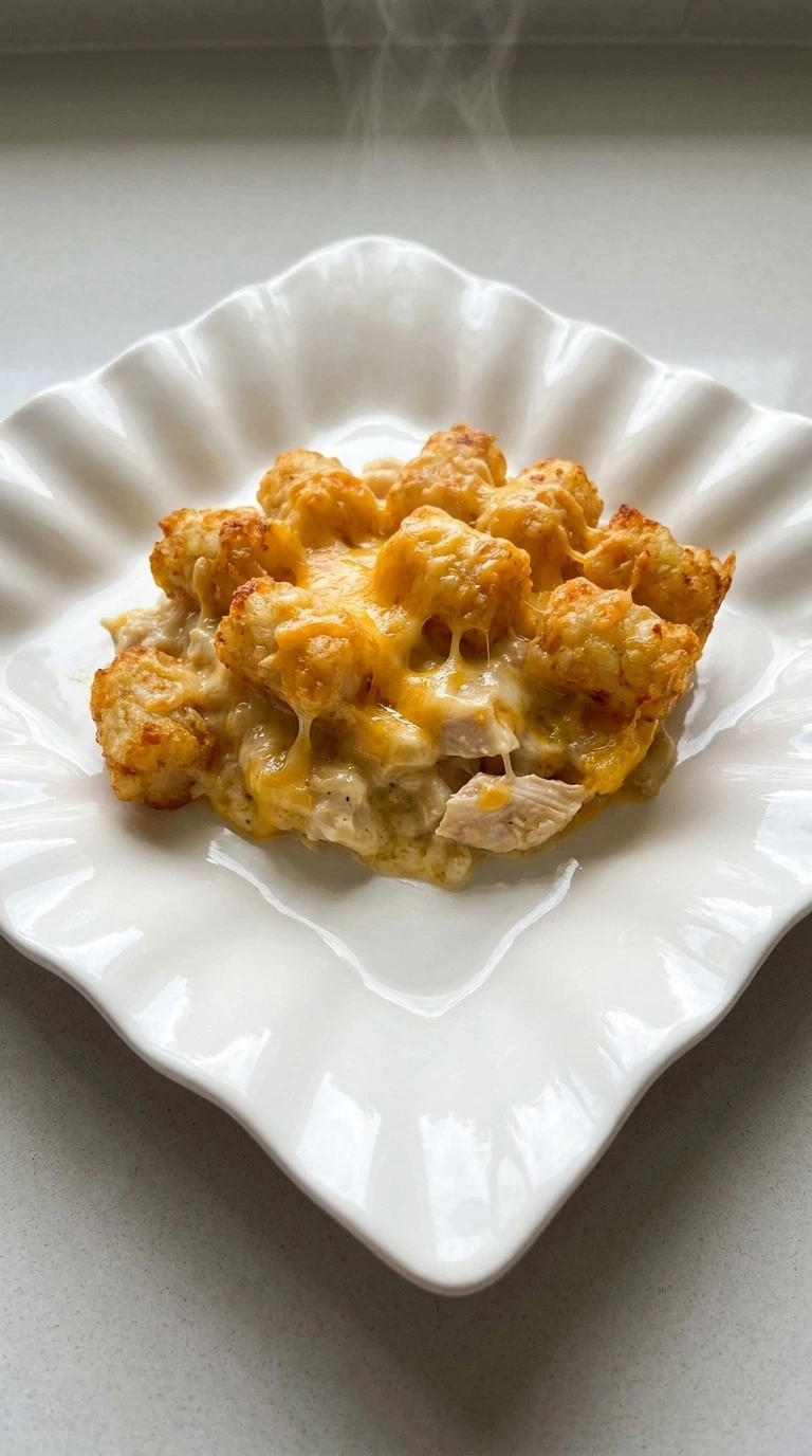 CrockPot Chicken Tater Tot Casserole served portion with crispy topping Recipe focus: chicken tater tot casserole crockpot.