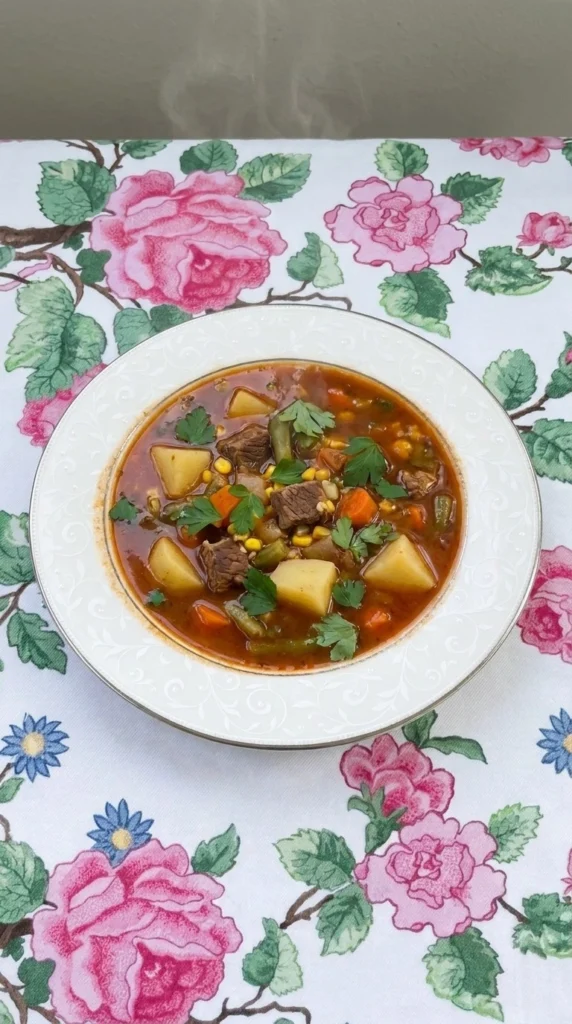 Crockpot Fall Soups with browned beef, potatoes, beans, corn, carrots and green beans in tomato broth Recipe focus: fall soups crockpot.
