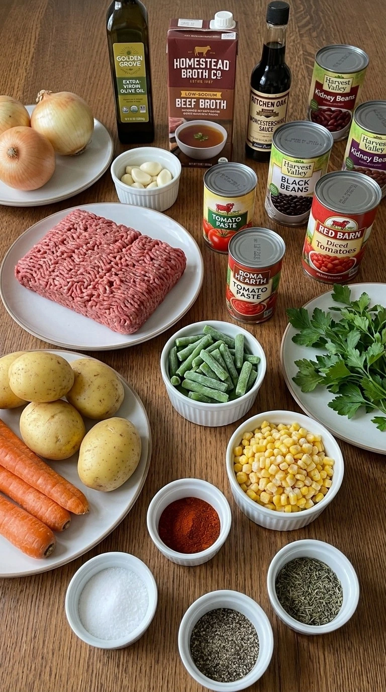 Crockpot Fall Soups ingredients including ground beef, Yukon Gold potatoes, beans, carrots, corn and tomatoes Recipe focus: best crockpot soups.