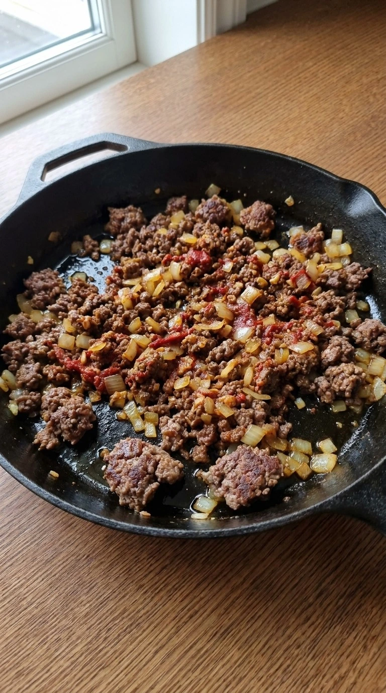Browning ground beef, onion and tomato paste for Crockpot Fall Soups Recipe focus: fall soups and stews.
