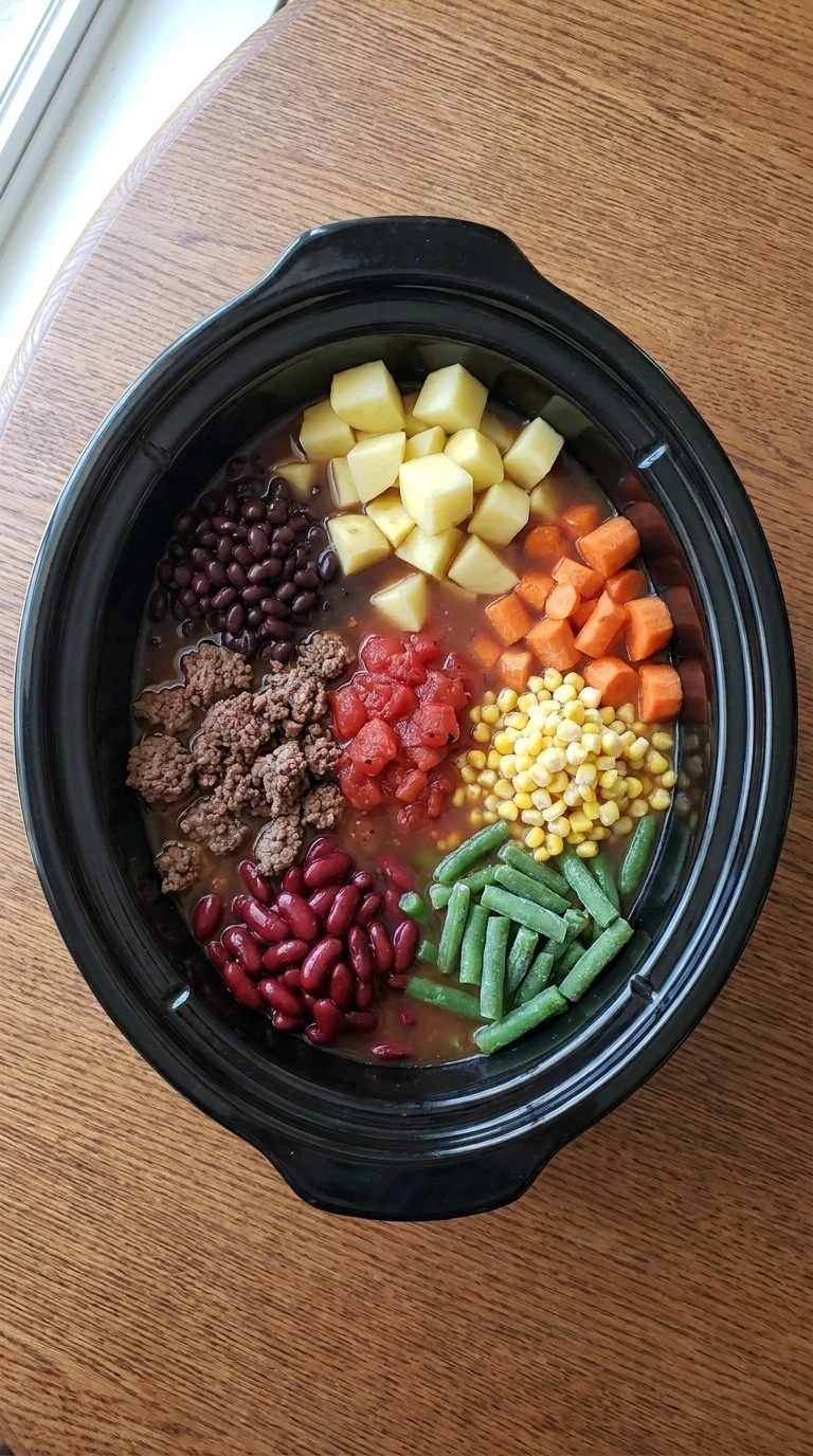 Beef and vegetables layered in the slow cooker for Crockpot Fall Soups Recipe focus: fall soup ideas.
