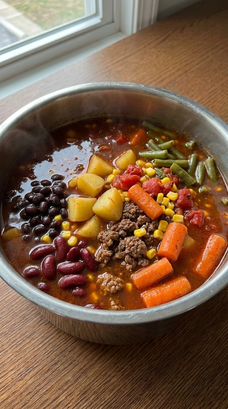 Tender beef and vegetables simmering in Crockpot Fall Soups after slow cooking Recipe focus: crock pot soups and stews.