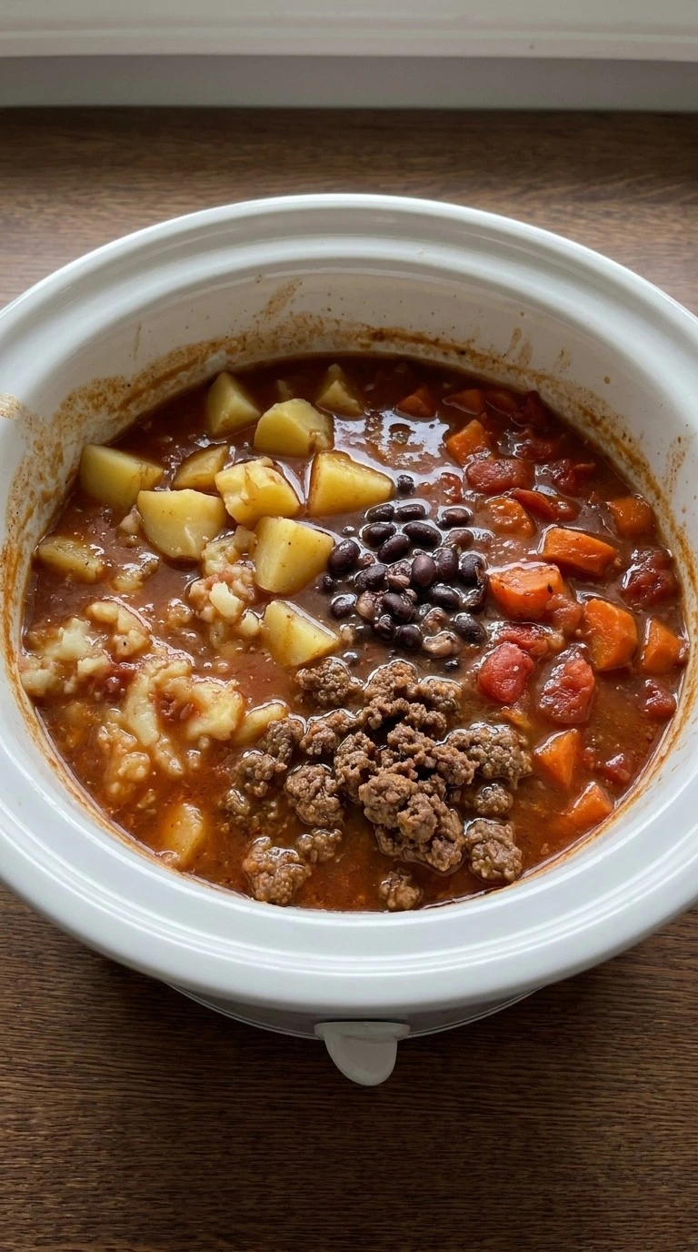 Mashing potatoes and beans to naturally thicken Crockpot Fall Soups Recipe focus: crockpot soups and stews.