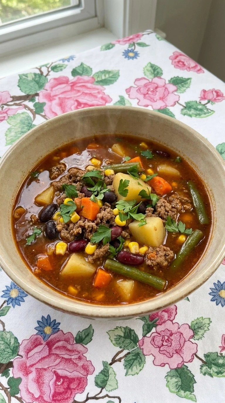 Finished bowl of Crockpot Fall Soups with beef, potatoes, beans, corn and parsley Recipe focus: fall soups crockpot.