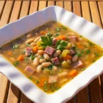 Crockpot Ham and Bean Soup with tender ham chunks and white beans in a bowl Recipe focus: crockpot ham bean soup.