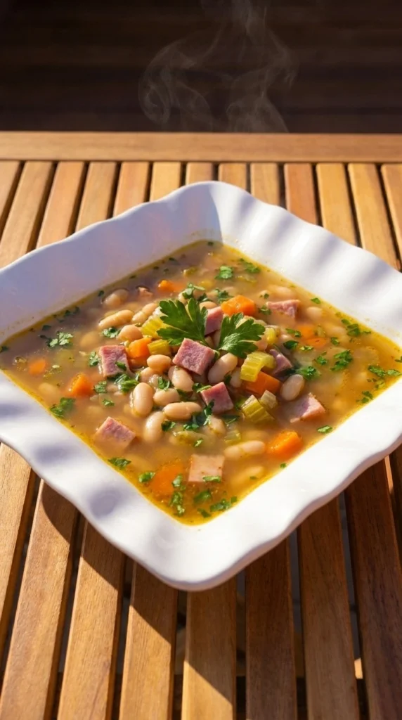 Crockpot Ham and Bean Soup with tender ham chunks and white beans in a bowl Recipe focus: crockpot ham bean soup.