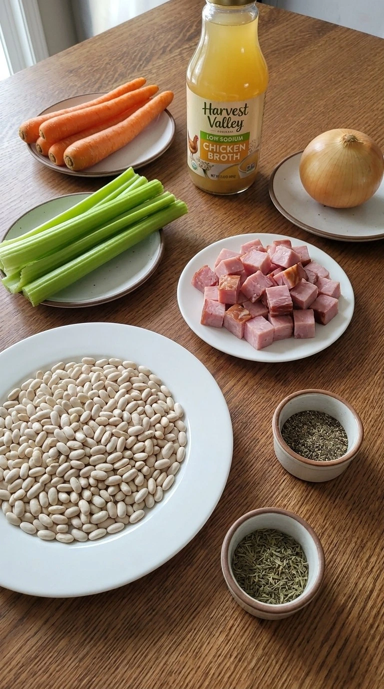 Crockpot Ham and Bean Soup ingredients with ham carrots beans and vegetables Recipe focus: ham and bean soup recipes.