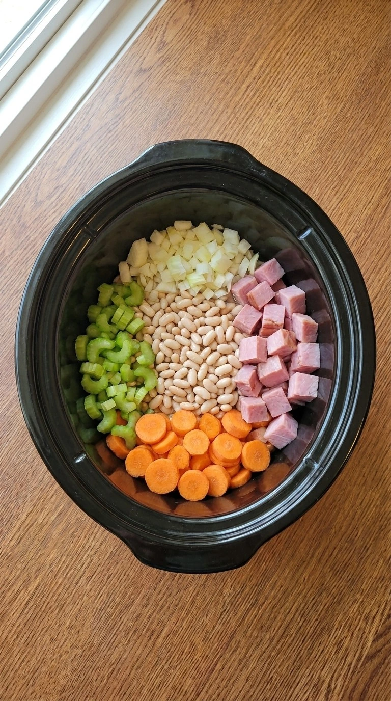 Crockpot Ham and Bean Soup beans ham and vegetables before slow cooking Recipe focus: ham and beans crockpot recipes.