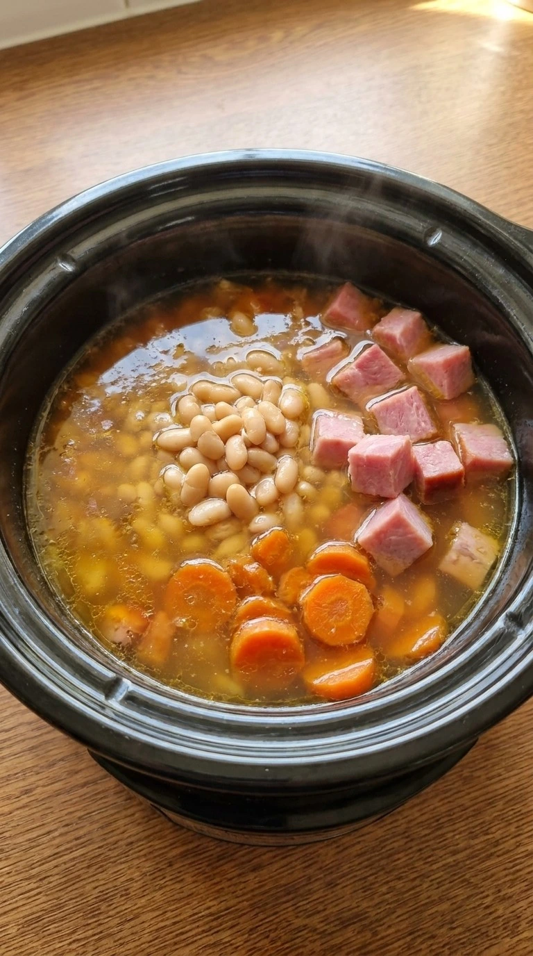 Crockpot Ham and Bean Soup slow cooking with golden broth and softened beans Recipe focus: bean and ham soup.
